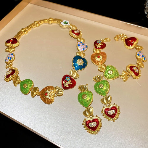 Vintage Court Style Alloy Colorful Heart Pearl Necklace Bracelet Earrings Jewelry Set