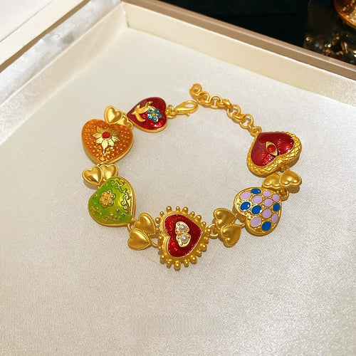 Vintage Court Style Alloy Colorful Heart Pearl Necklace Bracelet Earrings Jewelry Set