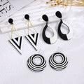 Elegant Black White Striped Acrylic Round Oval Triangle Geometric Drop Dangle Statement Earrings view 1