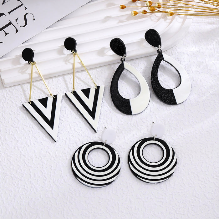 Elegant Black White Striped Acrylic Round Oval Triangle Geometric Drop Dangle Statement Earrings