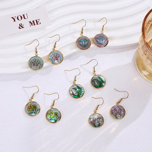 Elegant Round Shell Enamel Tulip Sunflower Cat Paw Pattern Alloy Drop Hook Earrings