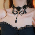 Dark Gothic Layered Faux Crystal Flower Beaded Tassel Clavicle Necklace view 4