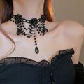 Dark Gothic Layered Faux Crystal Flower Beaded Tassel Clavicle Necklace view 1