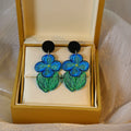 Oil Painting Blue Flower Acrylic Drop Earrings, Elegant Forest Style Floral Leaf Dangle Earrings view 1