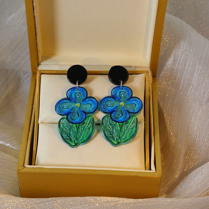Oil Painting Blue Flower Acrylic Drop Earrings, Elegant Forest Style Floral Leaf Dangle Earrings