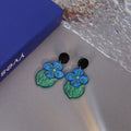 Oil Painting Blue Flower Acrylic Drop Earrings, Elegant Forest Style Floral Leaf Dangle Earrings view 3