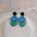 Oil Painting Blue Flower Acrylic Drop Earrings, Elegant Forest Style Floral Leaf Dangle Earrings view 2