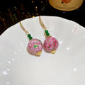 New Chinese Retro Pink Green Ceramic Round Geometric Drop Earrings Sweet Fresh Style view 2