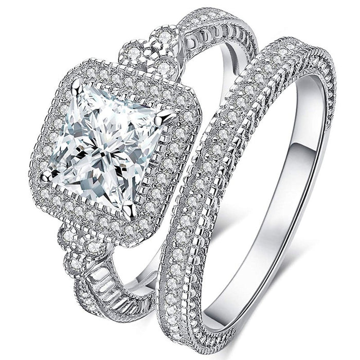Fashion Geometric Square Couple Ring Set, Princess Style Bridal Wedding Matching Rings For Lovers