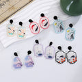 Women's Ethnic Vintage Chinese Style Acrylic Crane Koi Maple Lotus Square Drop Dangle Earrings view 1