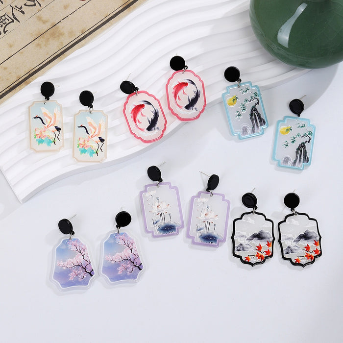 Women's Ethnic Vintage Chinese Style Acrylic Crane Koi Maple Lotus Square Drop Dangle Earrings