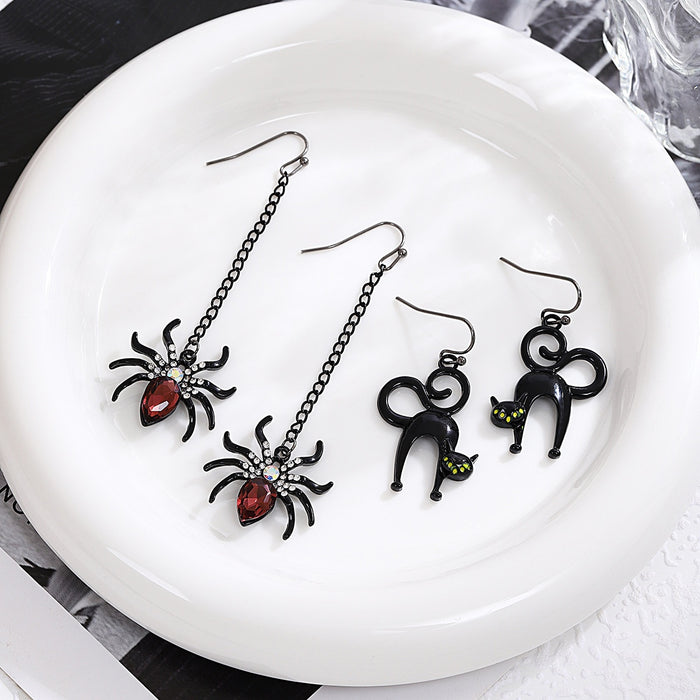 Luxury Black Spider And Cat Halloween Alloy Rhinestone Crystal Long Tassel Dangle Drop Earrings