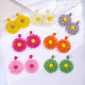Bohemian Handmade Woven Raffia Straw Colorful Daisy Flower Alloy Stud Vacation Statement Earrings view 1