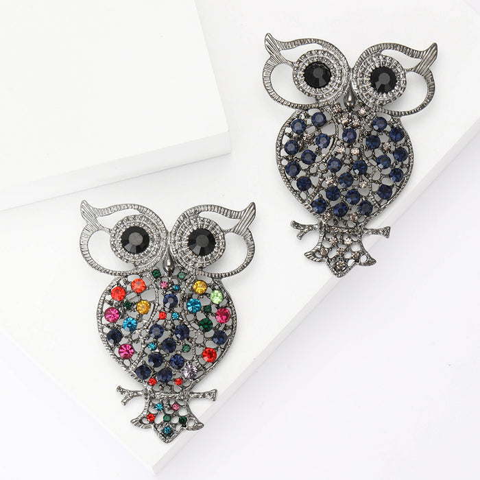 Alloy Rhinestone Hollow Owl Brooch Pin For Women's Apparel