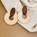 Natural Wood Geometric Hoop Earrings With Sterling Silver Pins, Brown Statement Boho Style view 2