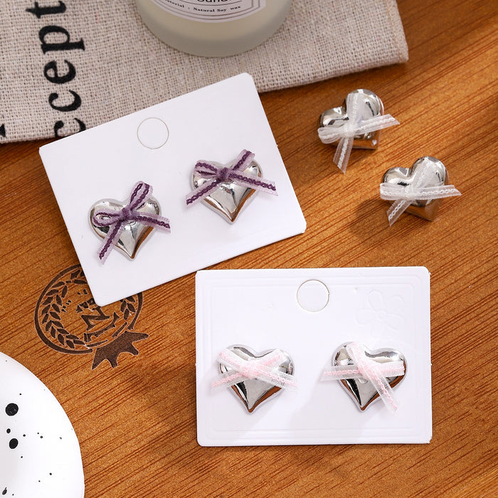 Elegant Silver Alloy Heart Stud Earrings With Sweet Ribbon Bow Detail For Women Summer Fashion Earrings