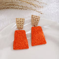 Bohemian Geometric Square Raffia Straw Woven Drop Dangle With Textured Alloy Stud Earrings view 2
