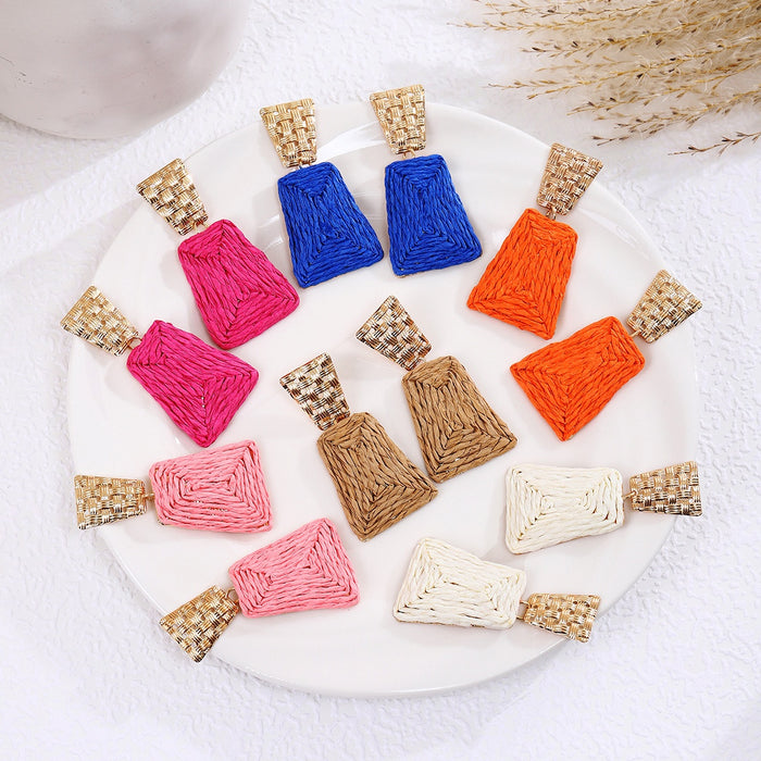 Bohemian Geometric Square Raffia Straw Woven Drop Dangle With Textured Alloy Stud Earrings