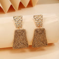 Bohemian Geometric Square Raffia Straw Woven Drop Dangle With Textured Alloy Stud Earrings view 4