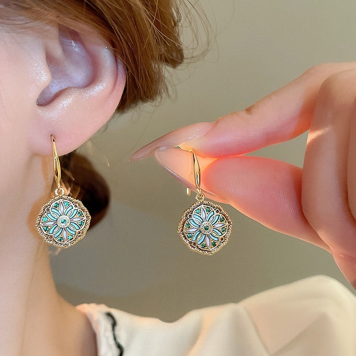 Real Gold Plated Copper Monet Garden French Vintage Zircon Flower Drop Earrings