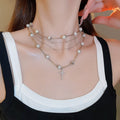 Layered Faux Pearl Cross Pendant Necklace, Elegant Geometric Multi Strand Clavicle Jewelry view 3