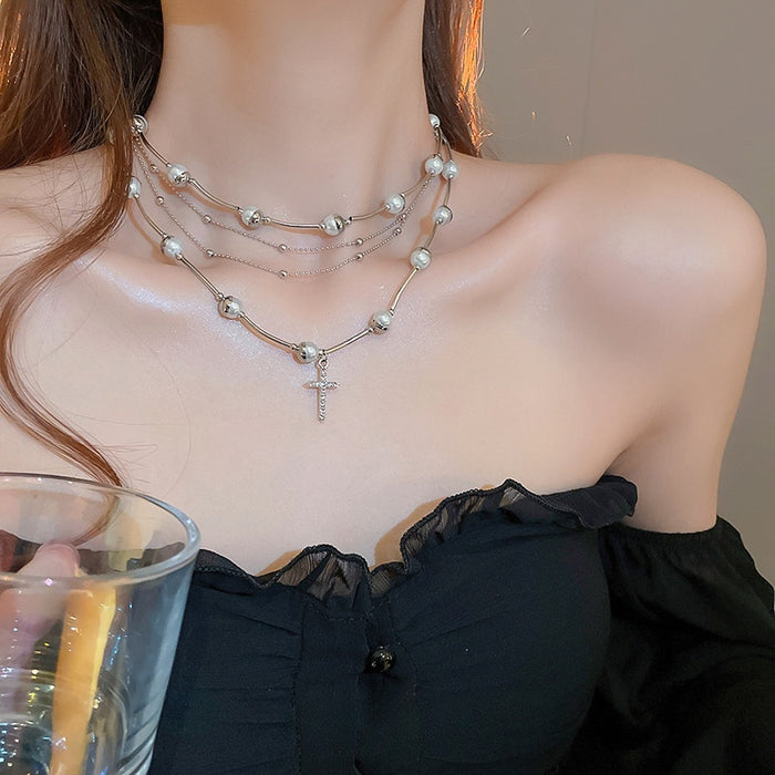 Layered Faux Pearl Cross Pendant Necklace, Elegant Geometric Multi Strand Clavicle Jewelry