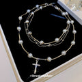 Layered Faux Pearl Cross Pendant Necklace, Elegant Geometric Multi Strand Clavicle Jewelry view 4