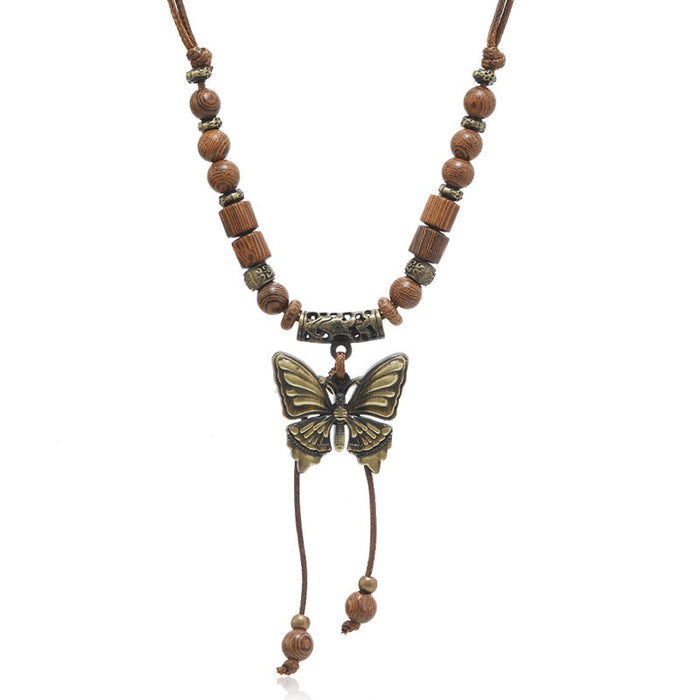 New Chinese Style Butterfly Necklace For Women, Wood Bead Tassel Long Ethnic Collarbone Chain