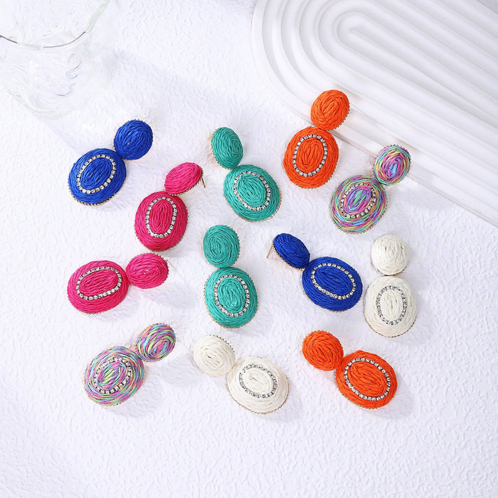 Bohemian Colorful Raffia Oval Geometric Rhinestone Drop Earrings for Women Vacation Statement Earrings