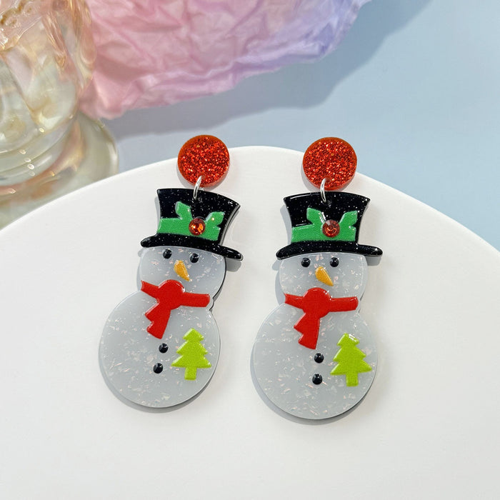 Cute Christmas Snowman Tree Acrylic Drop Earrings Holiday Cartoon Red Glitter Stud Earrings