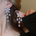Copper Zircon Flower Waterdrop Tassel Earrings And Necklace Jewelry Set, Luxury Clavicle Chain view 3