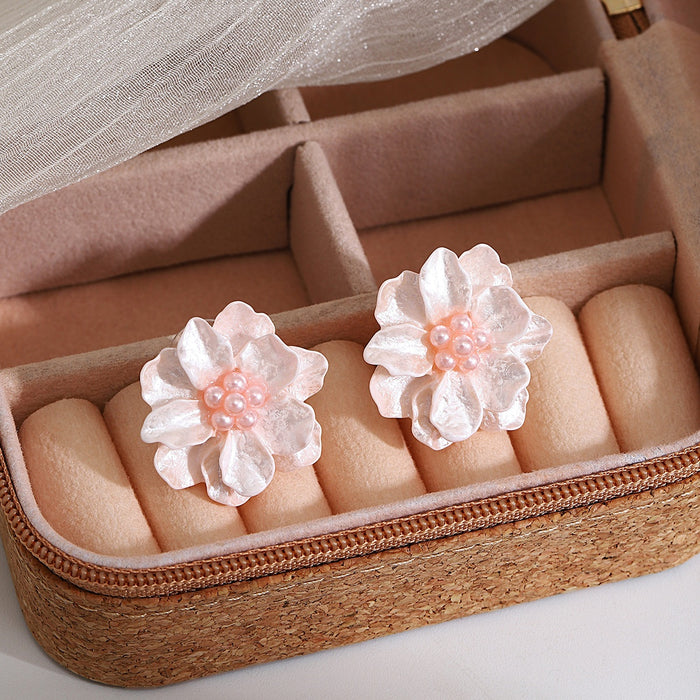 Elegant Pink Acrylic Flower Pearl Stud Earrings For Women Sweet Summer Fairy Floral Statement Earrings