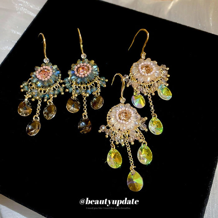 Bohemian Floral Faux Crystal Tassel Drop Earrings Chic Ethnic Light Luxury Fashion Jewelry