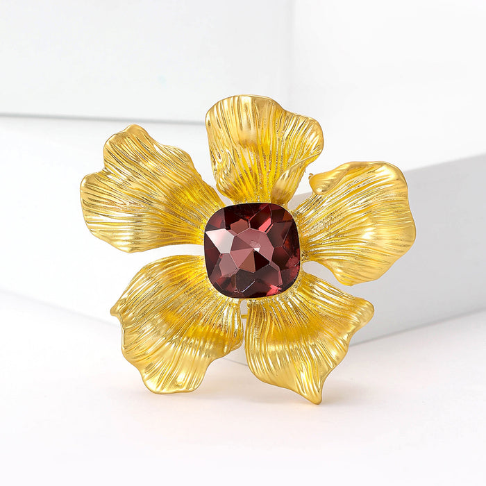 Alloy Rhinestone Matte Gold Flower Brooch Pin For Womens Clothing