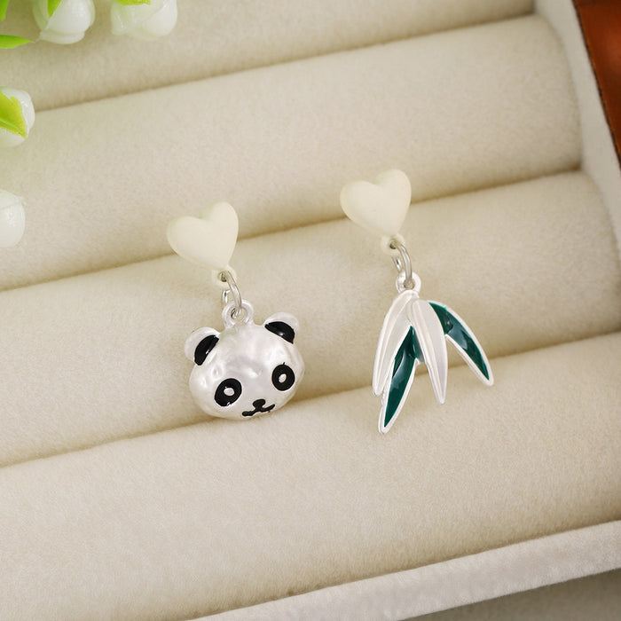 Elegant Vintage New Chinese Style Alloy Enamel Panda And Bamboo Heart Asymmetric Dangle Drop Earrings