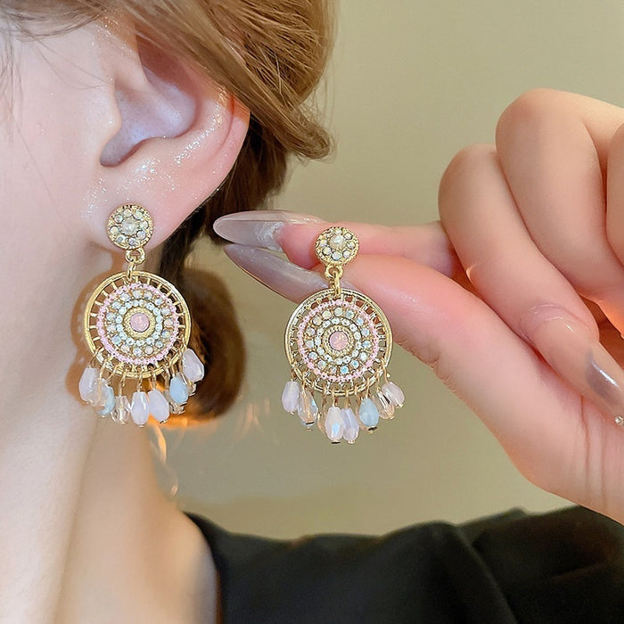 Bohemian Alloy Pearl Tassel Drop Earrings With Vintage Ethnic Geometric Round Design