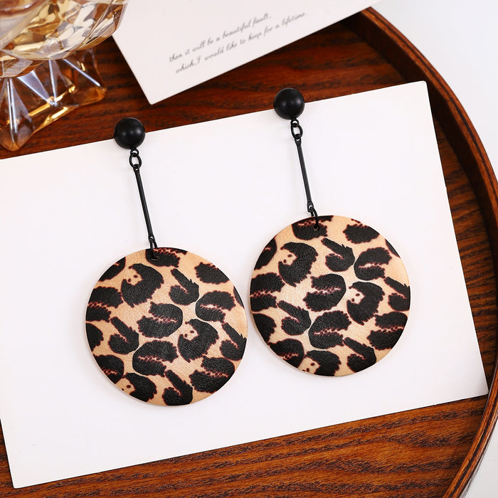Bohemian Leopard Print Round Wooden Drop Earrings With Black Alloy Bar Geometric Statement Stud Earrings
