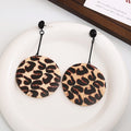Bohemian Leopard Print Round Wooden Drop Earrings With Black Alloy Bar Geometric Statement Stud Earrings view 2