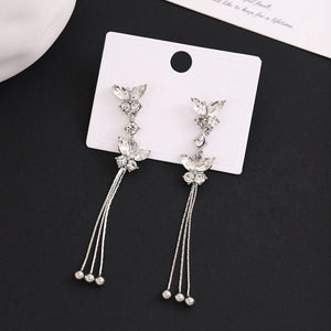 Elegant Butterfly Crystal Rhinestone Long Tassel Drop Alloy Silver Needle Luxury Women's Earrings