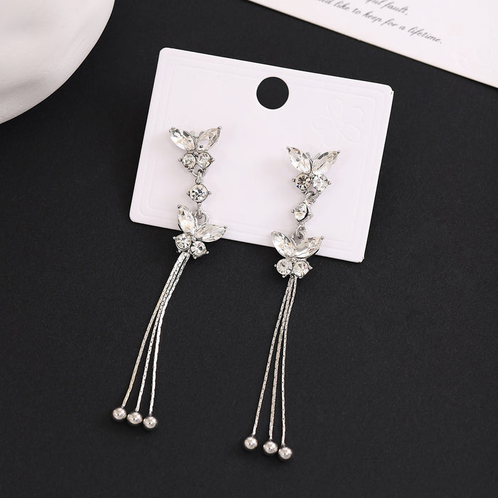 Elegant Butterfly Crystal Rhinestone Long Tassel Drop Alloy Silver Needle Luxury Women's Earrings