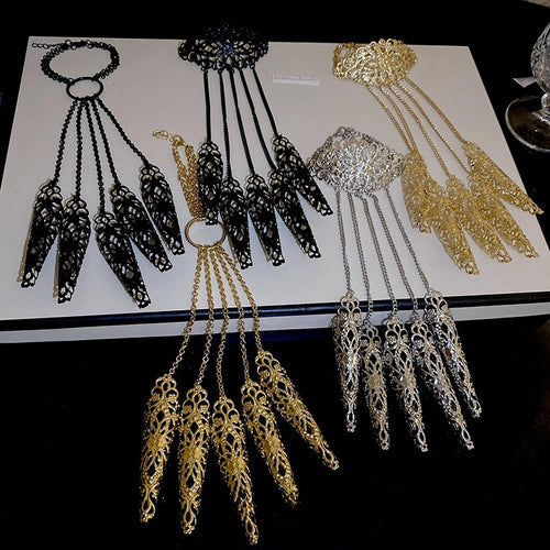 Metal Hollow Flower Nail Armor Finger Chain Bangle Exotic Luxury Hand Jewelry