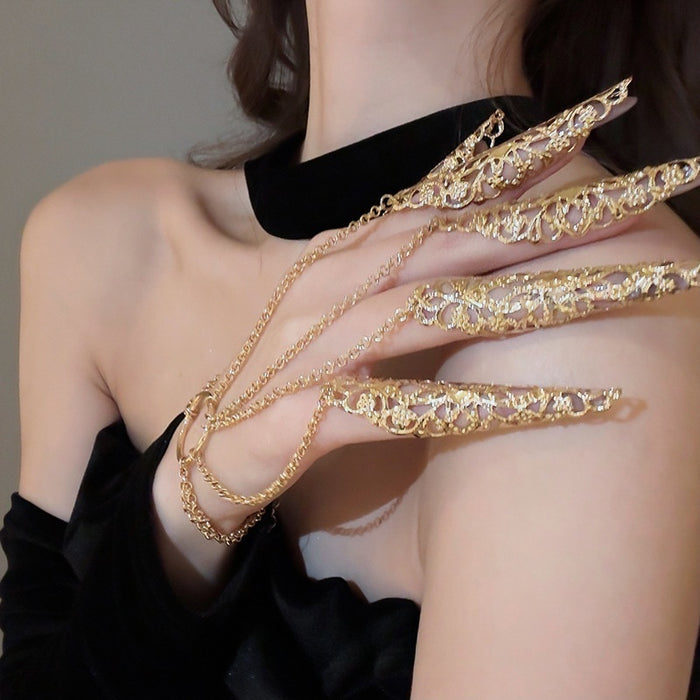 Metal Hollow Flower Nail Armor Finger Chain Bangle Exotic Luxury Hand Jewelry