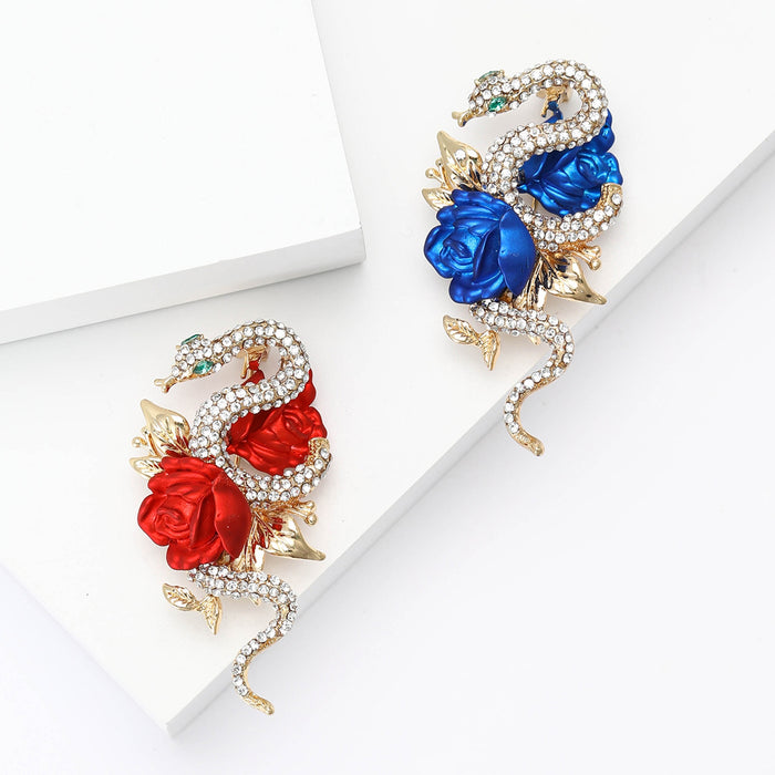 Luxury Alloy Enamel Rhinestone Rose Snake Brooch For Women's Suits