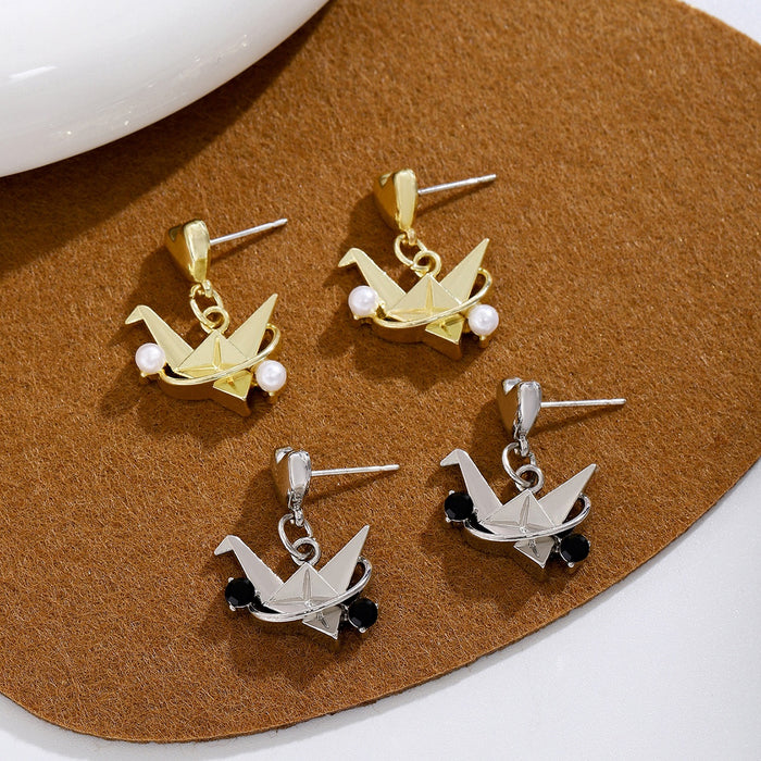 Elegant Korean Origami Crane Alloy Stud Drop With Faux Pearl Accents Light Luxury Women's Earrings
