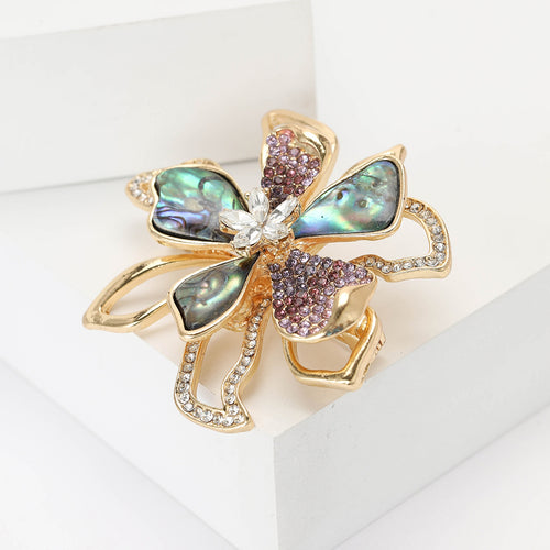 Alloy Rhinestone Shell Flower Brooch Pin For Suit Shirt Decoration