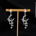 Elegant Korean Silver Alloy Crescent Moon Star Rhinestone Black White Enamel Long Tassel Drop Stud Earrings view 4