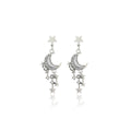 Elegant Korean Silver Alloy Crescent Moon Star Rhinestone Black White Enamel Long Tassel Drop Stud Earrings view 5