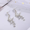 Elegant Korean Silver Alloy Crescent Moon Star Rhinestone Black White Enamel Long Tassel Drop Stud Earrings view 3
