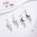 Elegant Korean Silver Alloy Crescent Moon Star Rhinestone Black White Enamel Long Tassel Drop Stud Earrings view 1