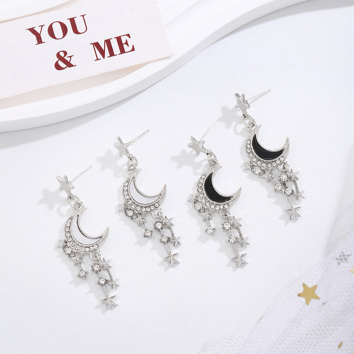 Elegant Korean Silver Alloy Crescent Moon Star Rhinestone Black White Enamel Long Tassel Drop Stud Earrings